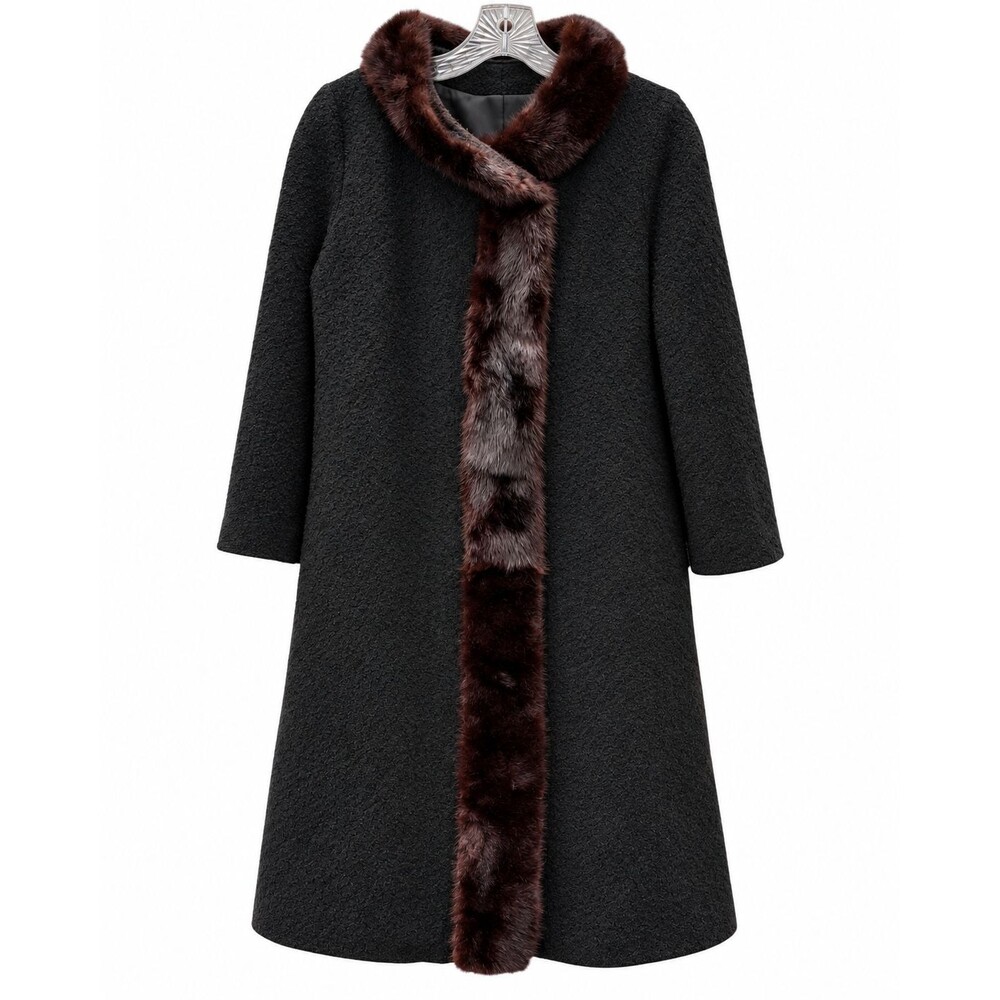 Vintage 50s Stratton Petite Black Wool Swing Coat Mink Fur Trim Lined Mod PS M